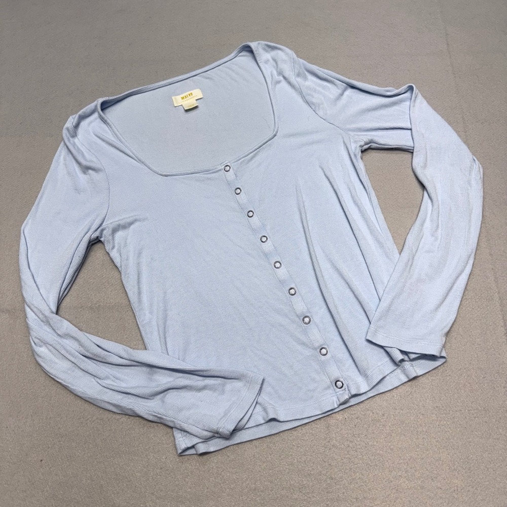 Maeve Anthropologie Women Large Light Blue Ribbed Square Neck Snap Front Top